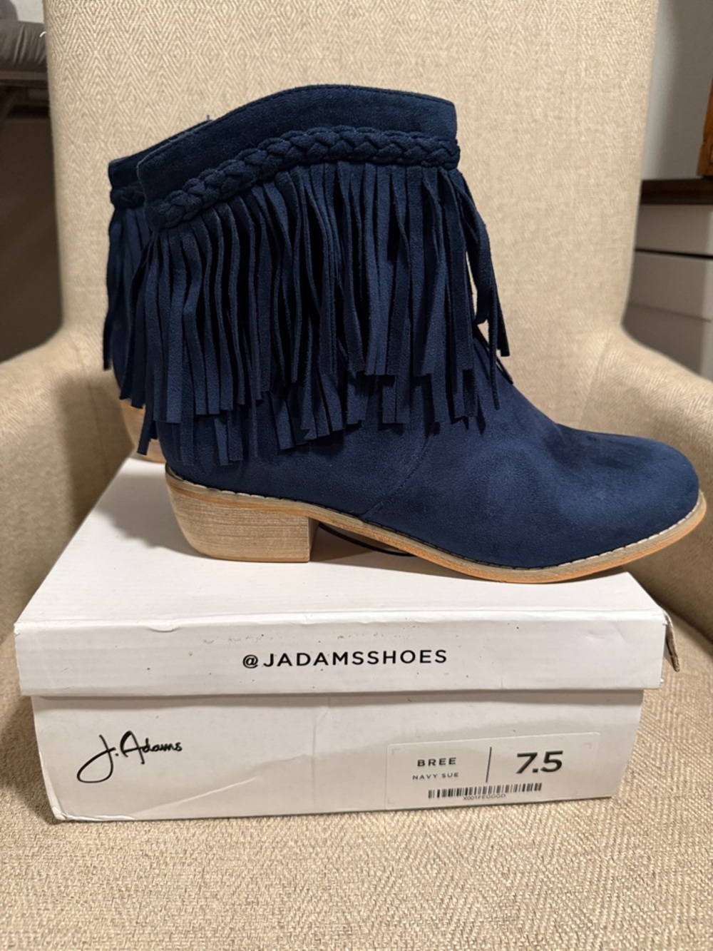 Adams Navy Suede Fringe Braided Ankle Boot